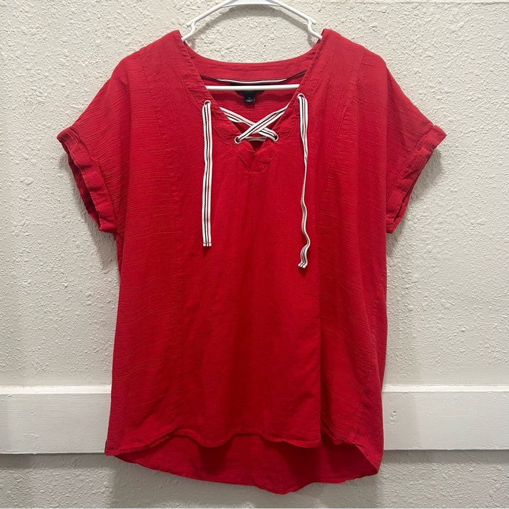 Tommy Hilfiger Red Lace Up Neck Gauze Top Size M